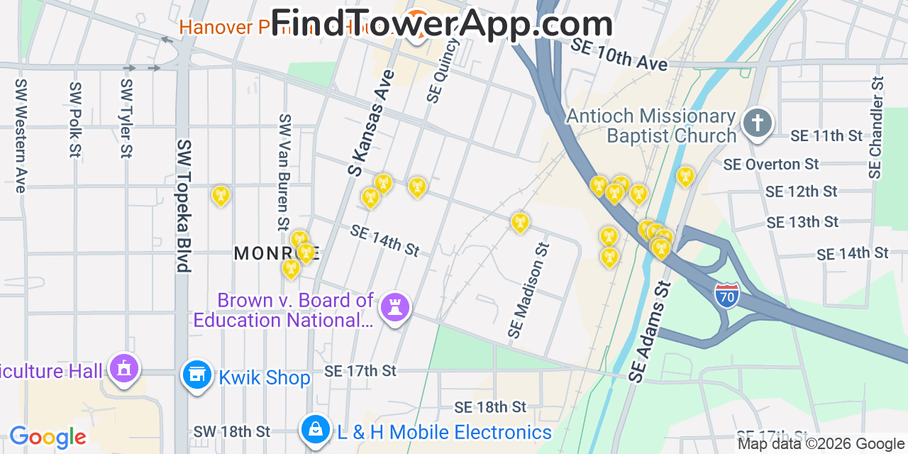 Map showing the 20 primary cell tower locations detected in Topeka, Kansas from AT&T, Verizon, and T-Mobile networks