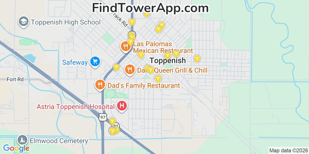Map showing the 20 primary cell tower locations detected in Toppenish, Washington from AT&T, Verizon, and T-Mobile networks