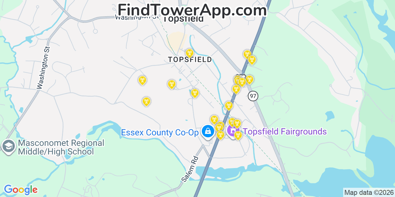 Map showing the 20 primary cell tower locations detected in Topsfield, Massachusetts from AT&T, Verizon, and T-Mobile networks