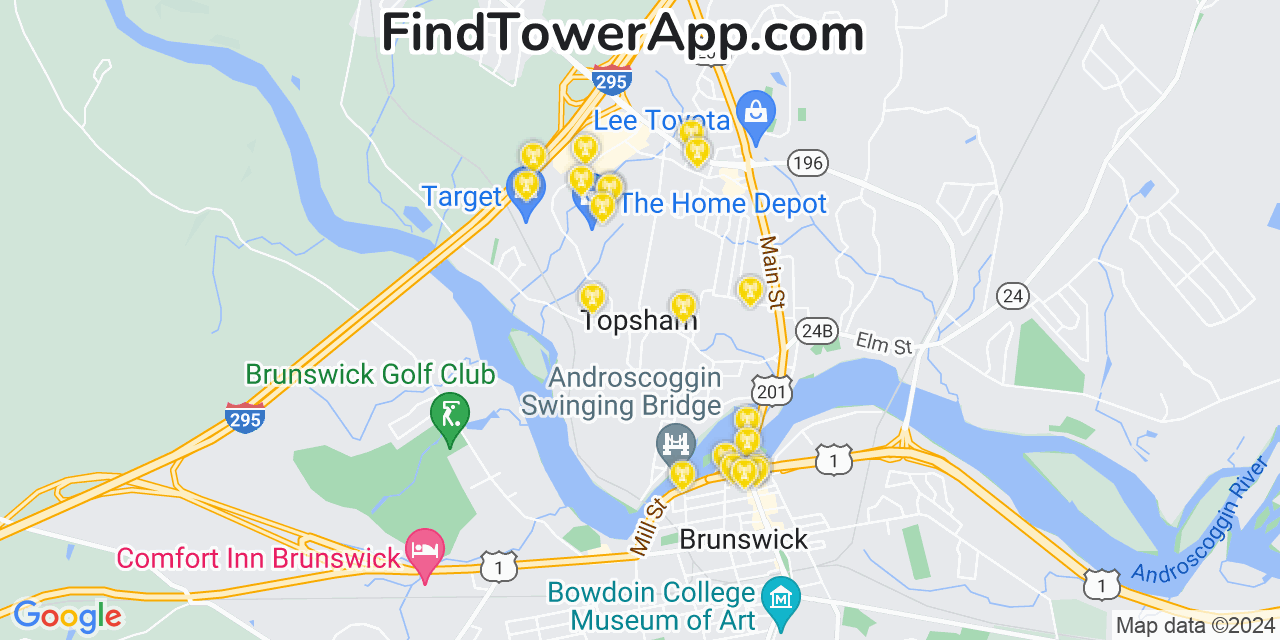 AT&T 4G/5G cell tower coverage map Topsham, Maine