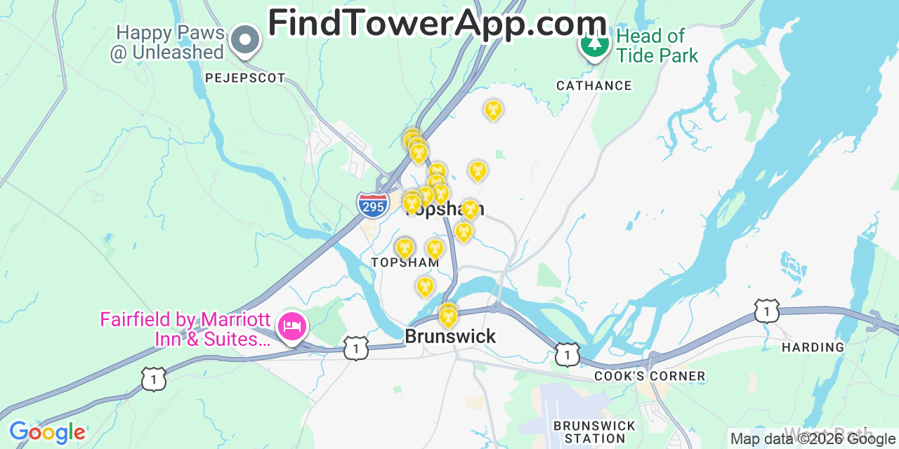 Map showing the 20 primary cell tower locations detected in Topsham, Maine from AT&T, Verizon, and T-Mobile networks