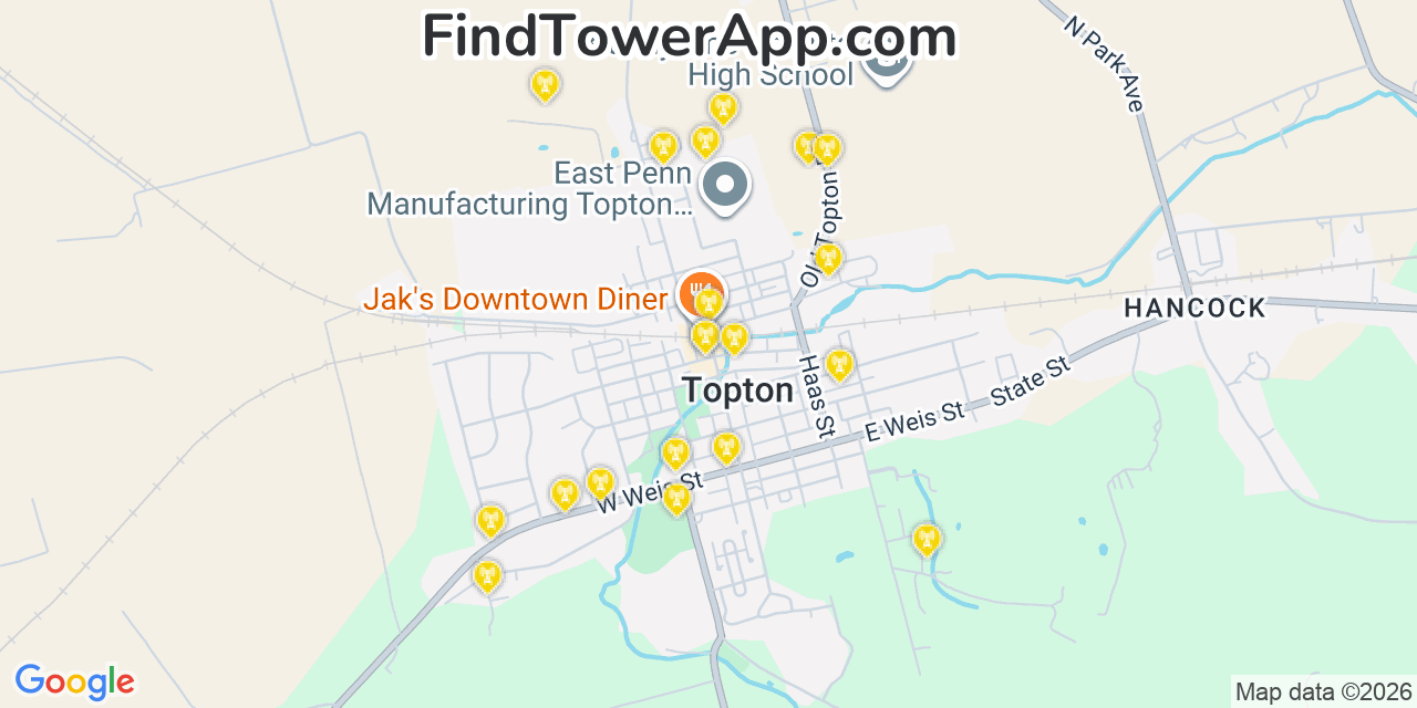 Map showing the 20 primary cell tower locations detected in Topton, Pennsylvania from AT&T, Verizon, and T-Mobile networks