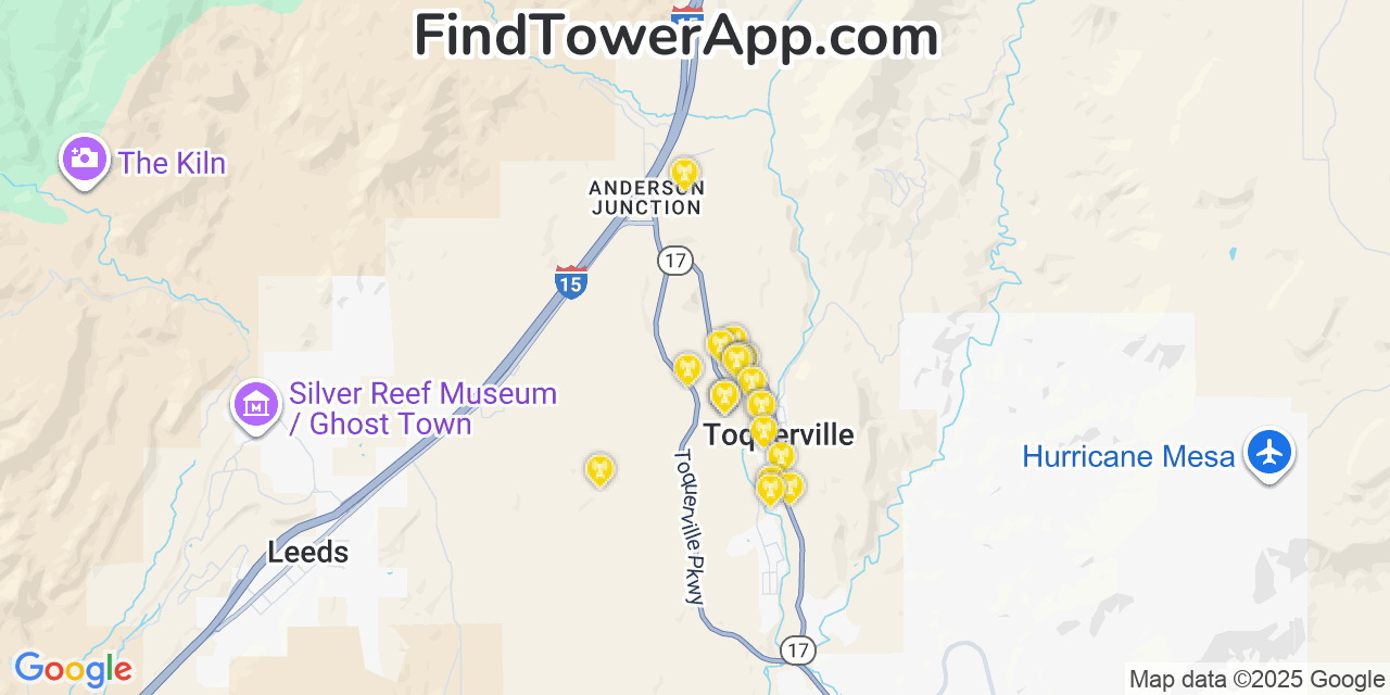 Map showing the 20 primary cell tower locations detected in Toquerville, Utah from AT&T, Verizon, and T-Mobile networks
