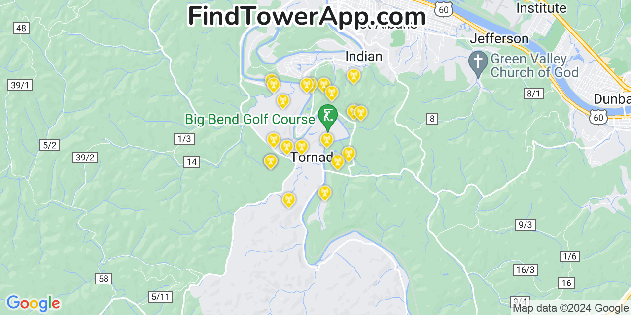 AT&T 4G/5G cell tower coverage map Tornado, West Virginia