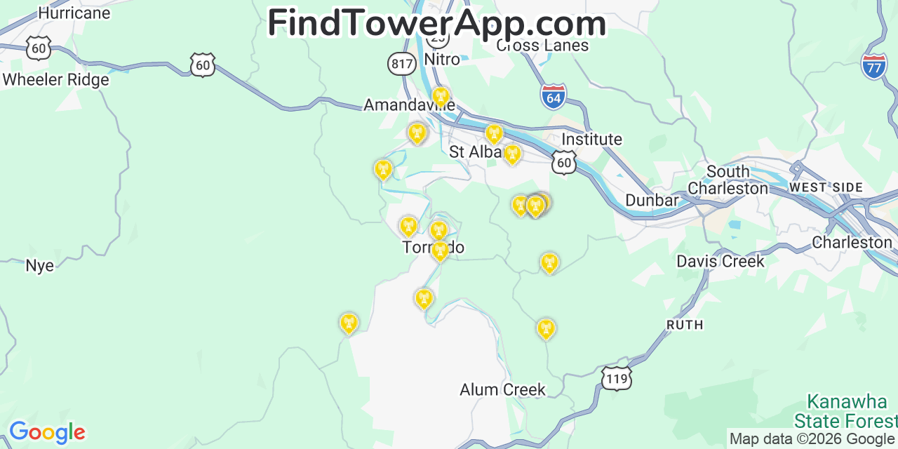 Map showing the 20 primary cell tower locations detected in Tornado, West Virginia from AT&T, Verizon, and T-Mobile networks
