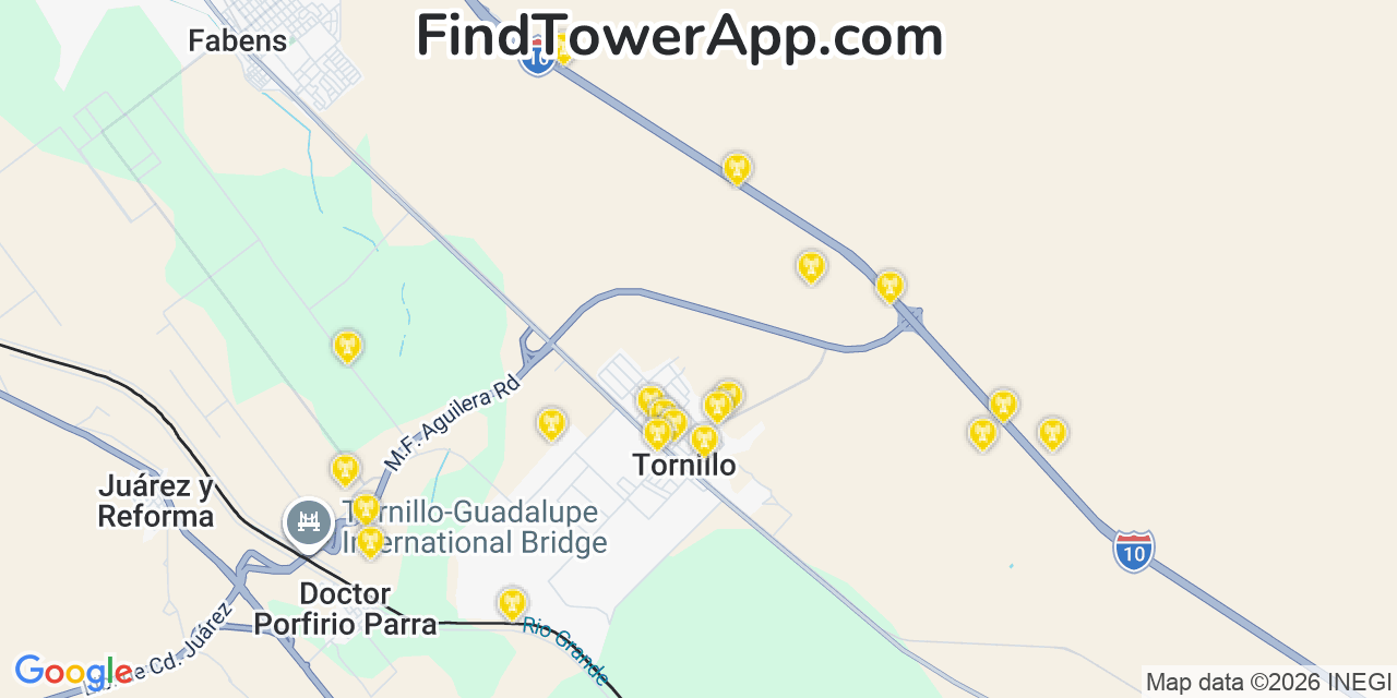 Map showing the 20 primary cell tower locations detected in Tornillo, Texas from AT&T, Verizon, and T-Mobile networks