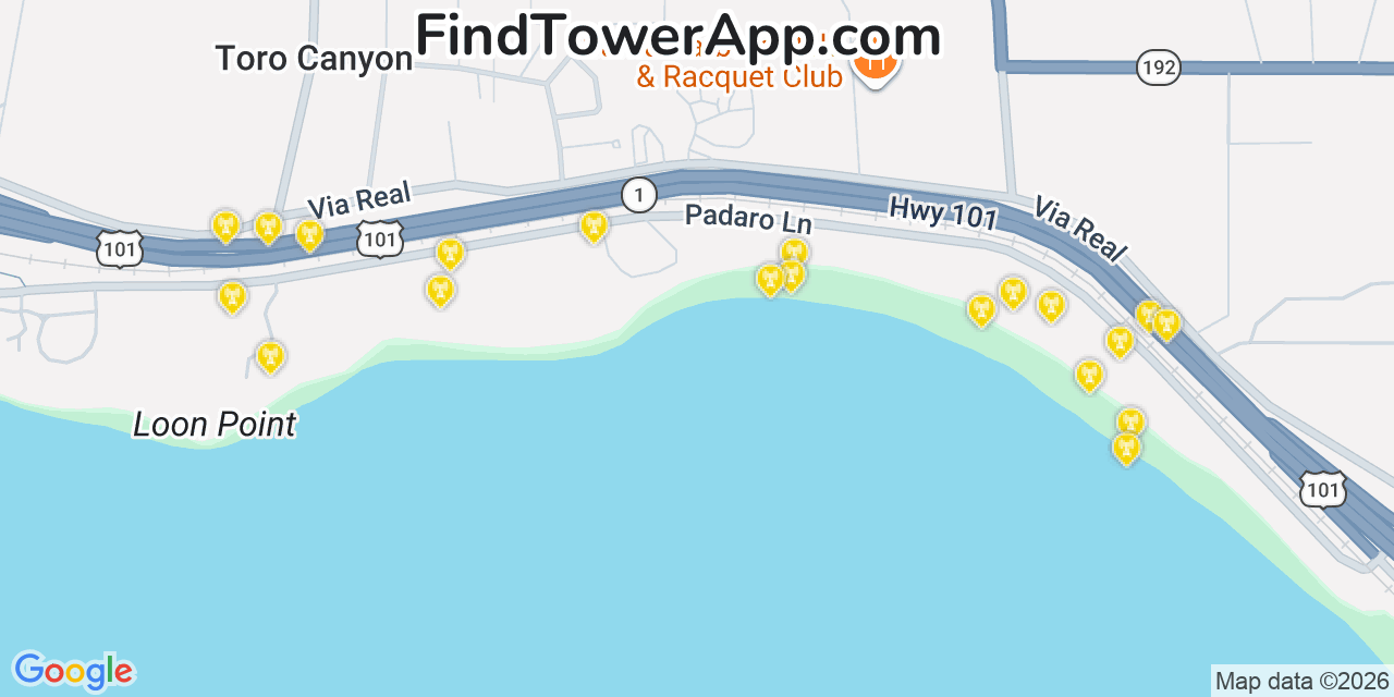 Map showing the 20 primary cell tower locations detected in Toro Canyon, California from AT&T, Verizon, and T-Mobile networks