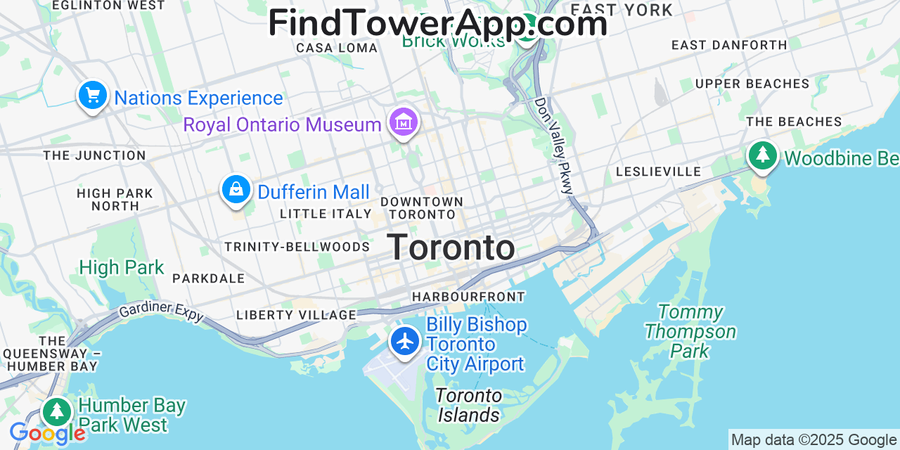 Map showing the 0 primary Bell-MTS cell tower locations detected in Toronto, Canada with coverage radius and signal strength indicators