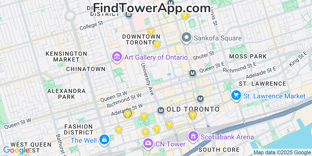 Map showing the 20 primary cell tower locations detected in Toronto, Canada with coverage areas and signal strength