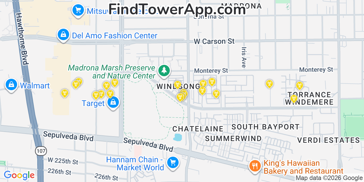Map showing the 20 primary cell tower locations detected in Torrance, California from AT&T, Verizon, and T-Mobile networks
