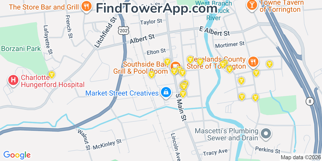 Map showing the 20 primary cell tower locations detected in Torrington, Connecticut from AT&T, Verizon, and T-Mobile networks