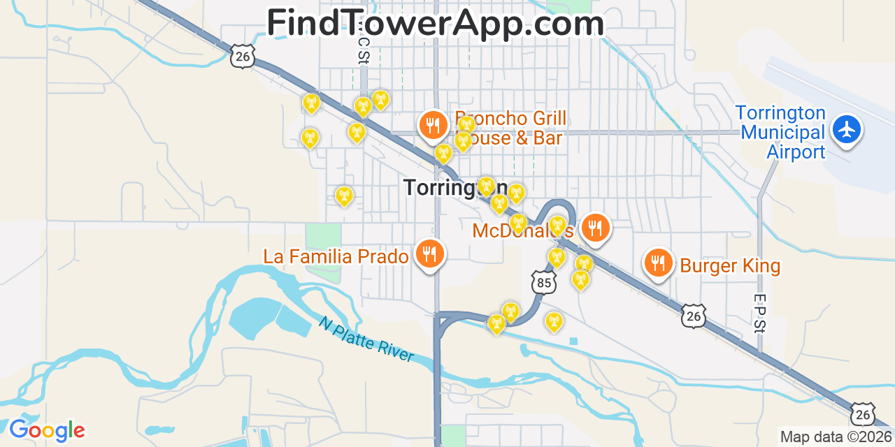 Map showing the 20 primary cell tower locations detected in Torrington, Wyoming from AT&T, Verizon, and T-Mobile networks