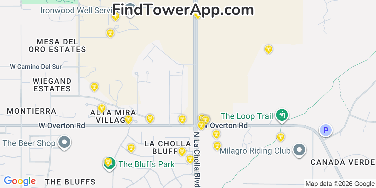 Map showing the 20 primary cell tower locations detected in Tortolita, Arizona from AT&T, Verizon, and T-Mobile networks