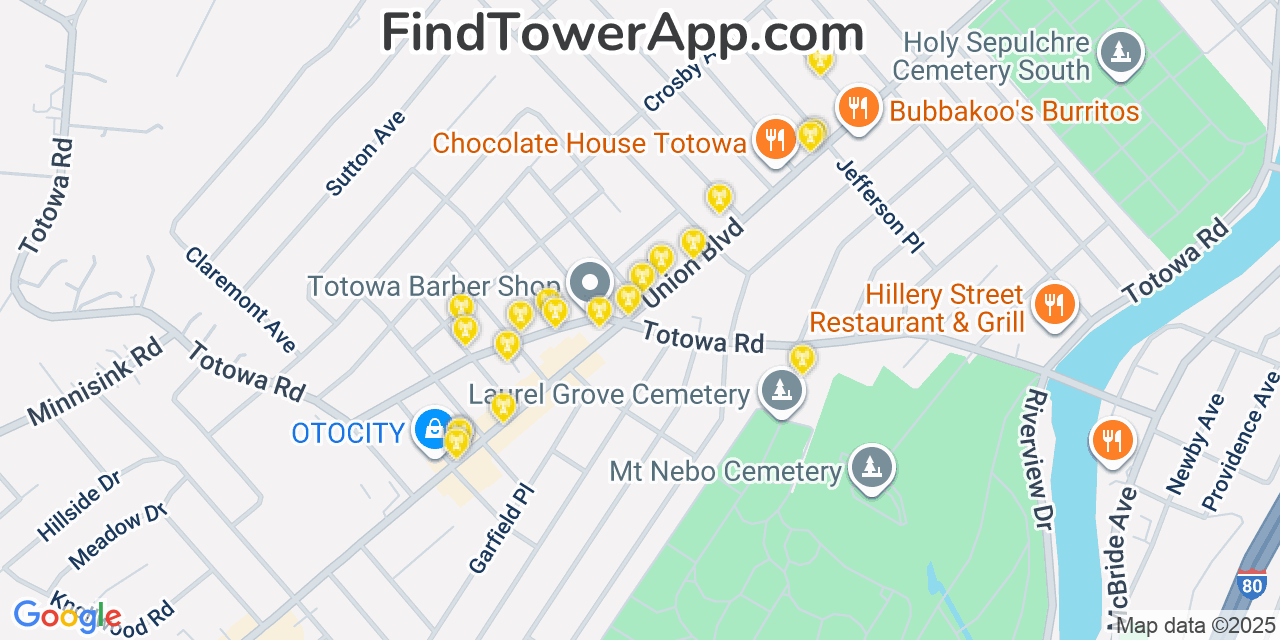Map showing the 20 primary cell tower locations detected in Totowa, New Jersey from AT&T, Verizon, and T-Mobile networks
