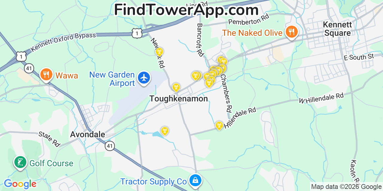 Map showing the 20 primary cell tower locations detected in Toughkenamon, Pennsylvania from AT&T, Verizon, and T-Mobile networks
