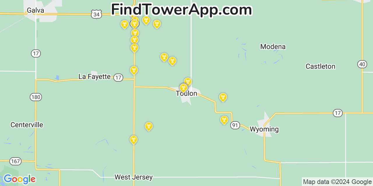 AT&T 4G/5G cell tower coverage map Toulon, Illinois