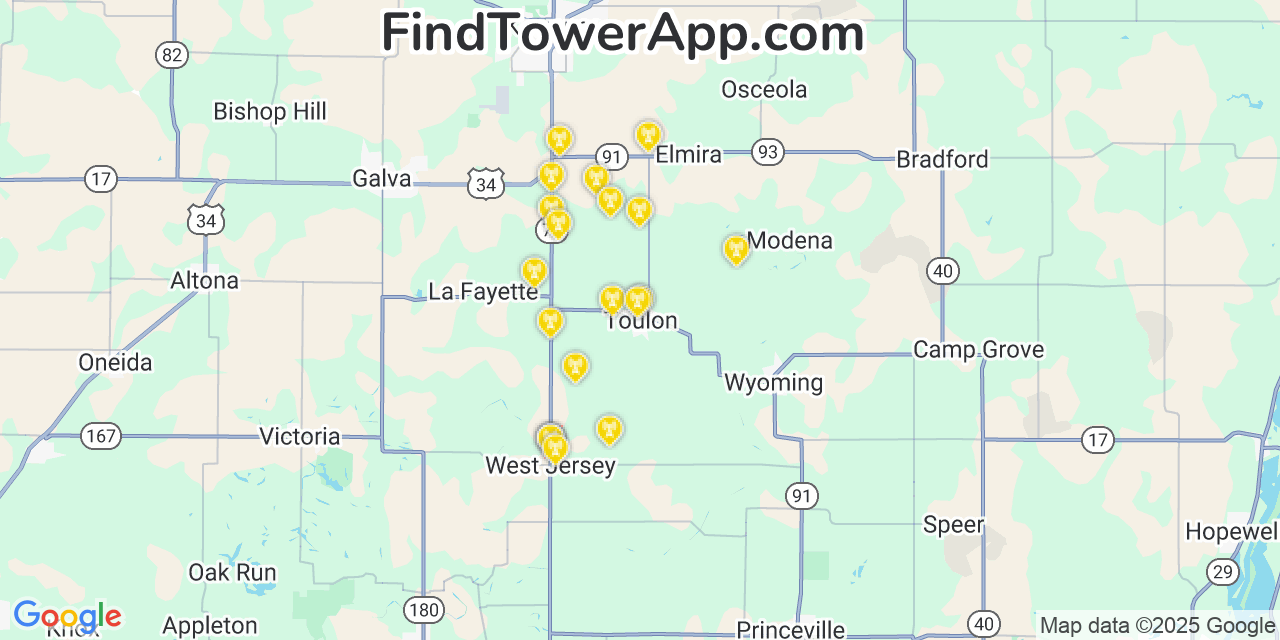 Map showing the 20 primary cell tower locations detected in Toulon, Illinois from AT&T, Verizon, and T-Mobile networks
