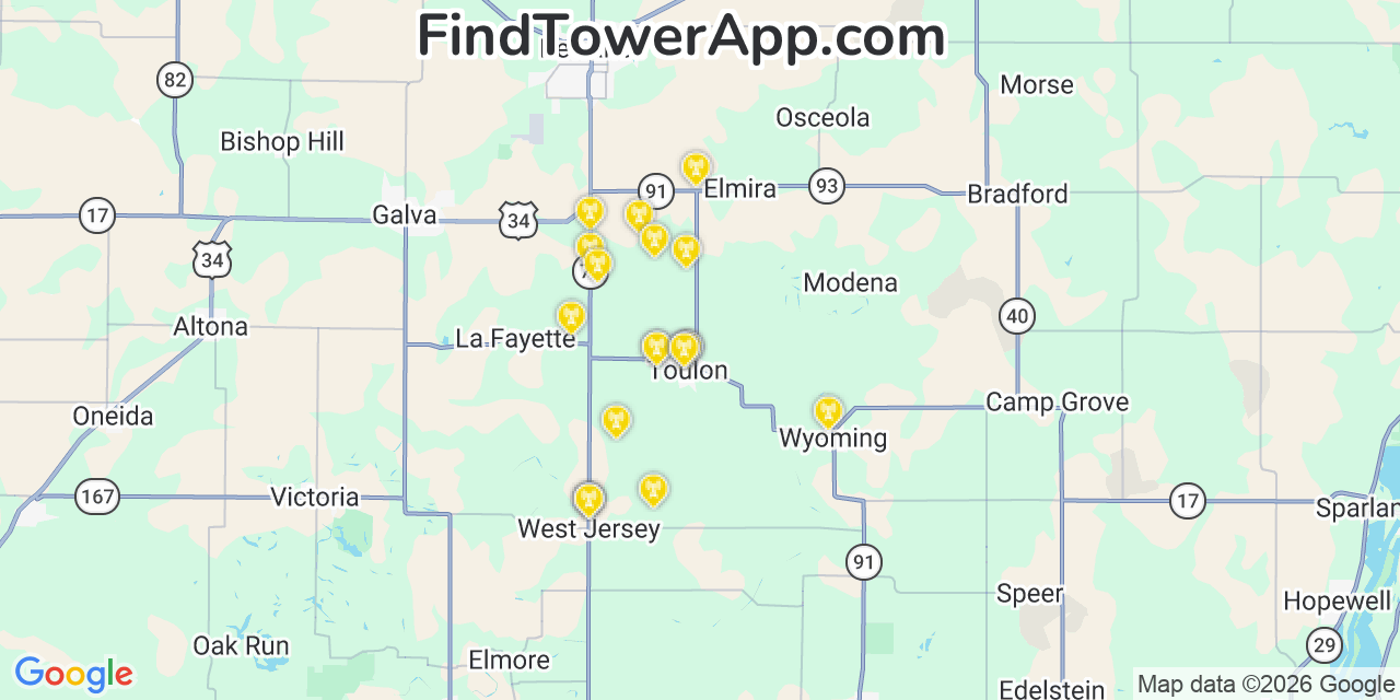 Map showing the 20 primary cell tower locations detected in Toulon, Illinois from AT&T, Verizon, and T-Mobile networks