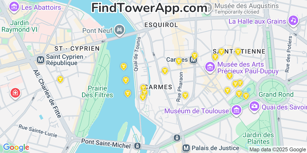 Map showing the 20 primary cell tower locations detected in Toulouse, France with coverage areas and signal strength