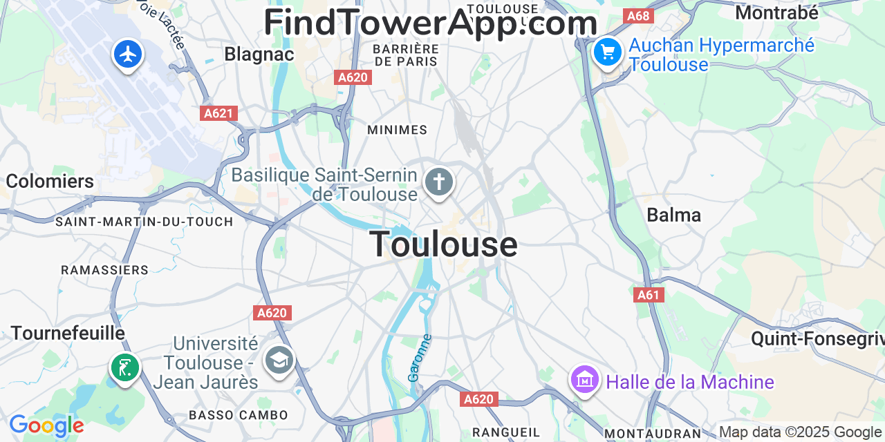 Map showing the 0 primary Orange cell tower locations detected in Toulouse, France with coverage radius and signal strength indicators