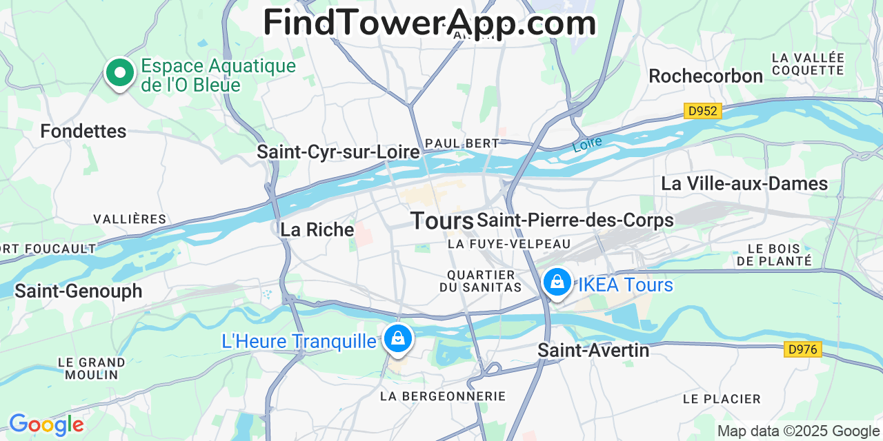 Map showing the 0 primary Iliad cell tower locations detected in Tours, France with coverage radius and signal strength indicators