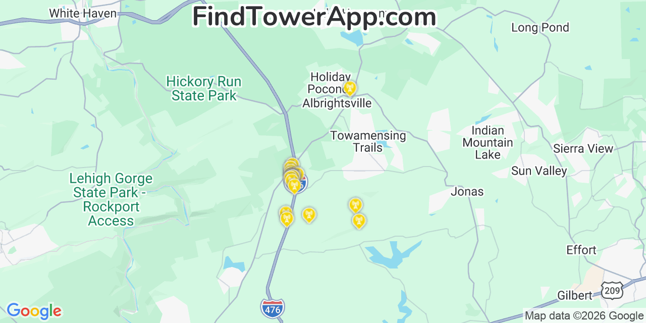 Map showing the 20 primary cell tower locations detected in Towamensing Trails, Pennsylvania from AT&T, Verizon, and T-Mobile networks