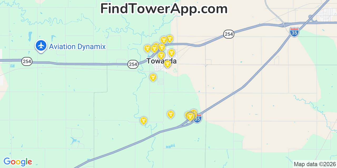 Map showing the 20 primary cell tower locations detected in Towanda, Kansas from AT&T, Verizon, and T-Mobile networks