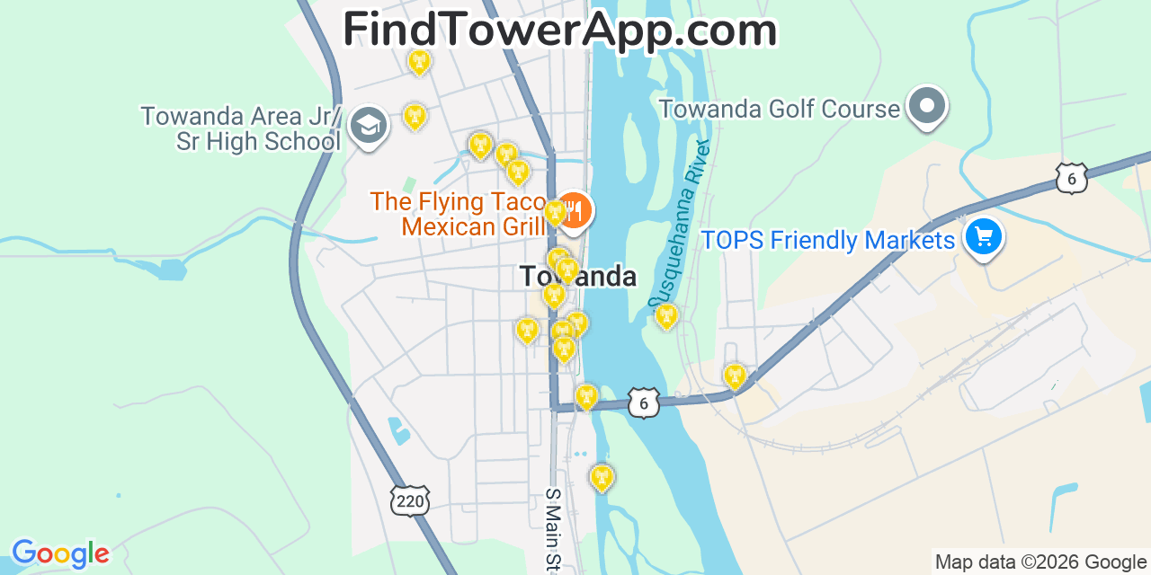 Map showing the 20 primary cell tower locations detected in Towanda, Pennsylvania from AT&T, Verizon, and T-Mobile networks