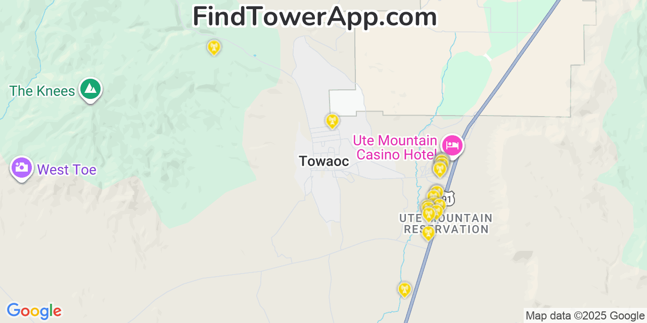 Map showing the 20 primary cell tower locations detected in Towaoc, Colorado from AT&T, Verizon, and T-Mobile networks