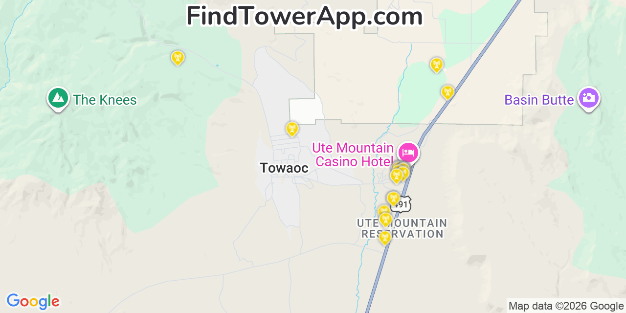 Map showing the 20 primary cell tower locations detected in Towaoc, Colorado from AT&T, Verizon, and T-Mobile networks