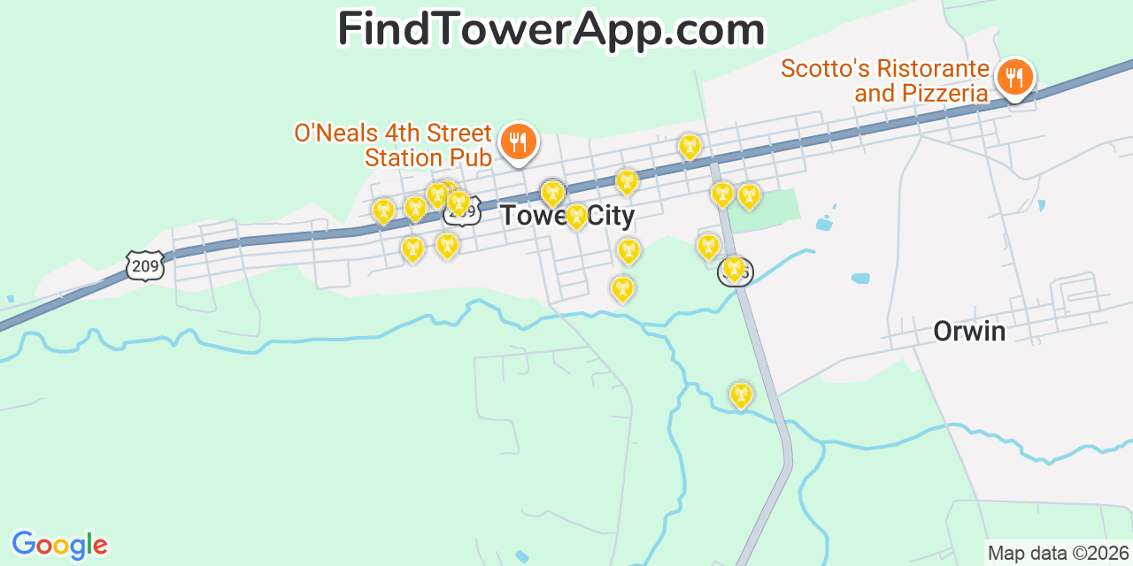 Map showing the 20 primary cell tower locations detected in Tower City, Pennsylvania from AT&T, Verizon, and T-Mobile networks