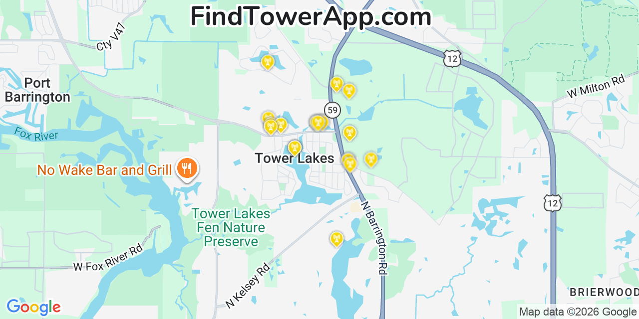 Map showing the 20 primary cell tower locations detected in Tower Lake, Illinois from AT&T, Verizon, and T-Mobile networks