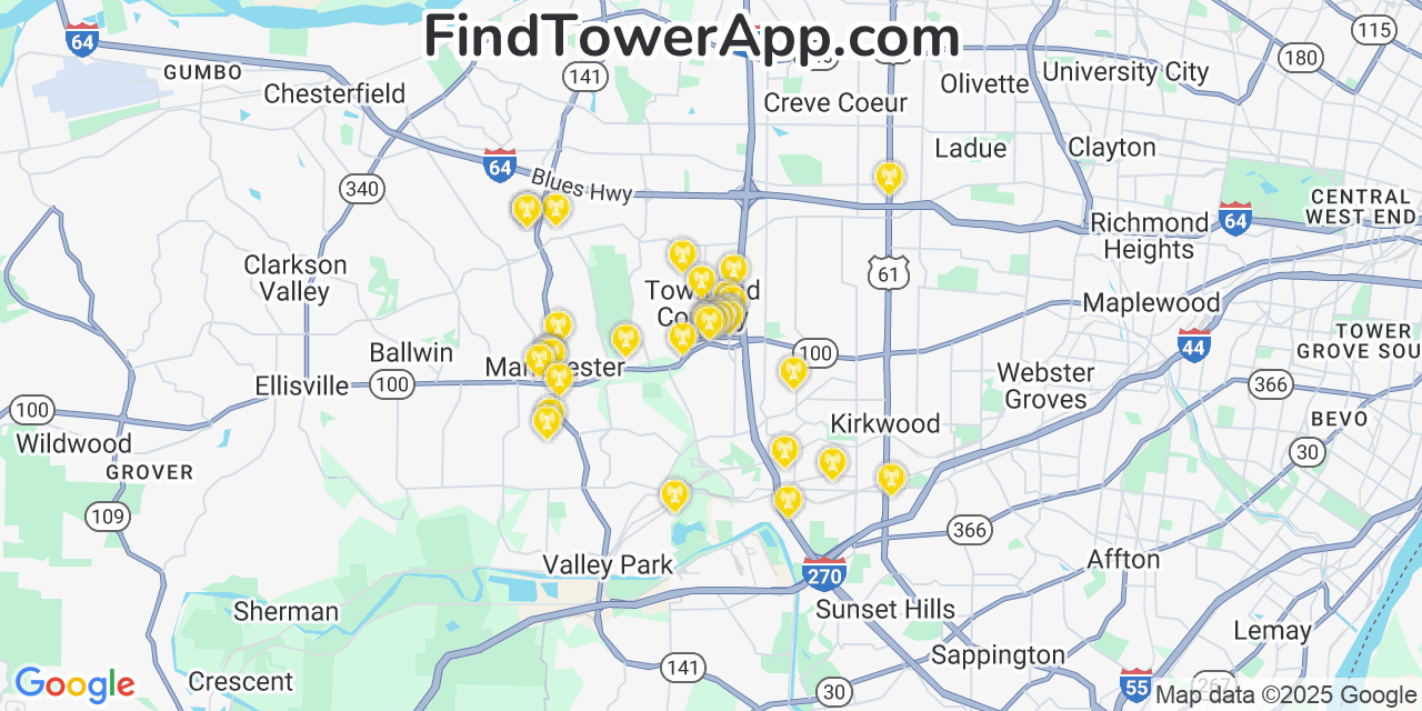 Map showing the 35 primary AT&T cell tower locations detected in Town And Country, Missouri with coverage radius and signal strength indicators