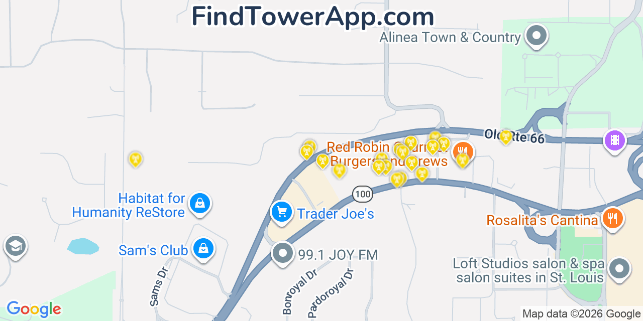 Map showing the 20 primary cell tower locations detected in Town And Country, Missouri from AT&T, Verizon, and T-Mobile networks