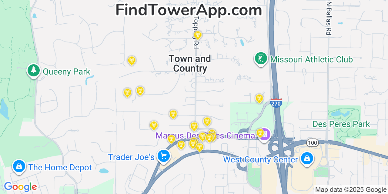 Map showing the 20 primary T-Mobile cell tower locations detected in Town And Country, Missouri with coverage radius and signal strength indicators