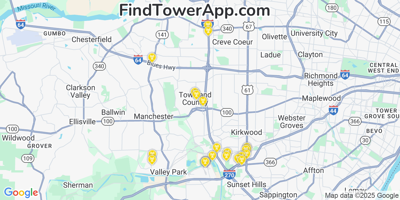 Map showing the 23 primary Verizon cell tower locations detected in Town And Country, Missouri with coverage radius and signal strength indicators