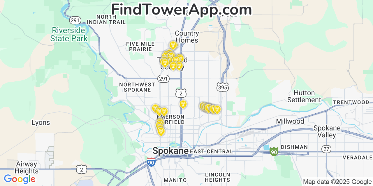 Map showing the 36 primary AT&T cell tower locations detected in Town And Country, Washington with coverage radius and signal strength indicators