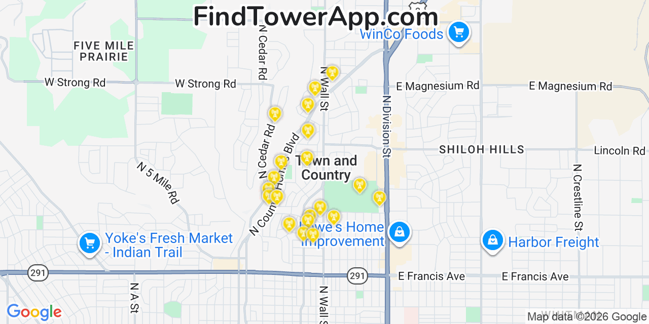 Map showing the 20 primary cell tower locations detected in Town And Country, Washington from AT&T, Verizon, and T-Mobile networks