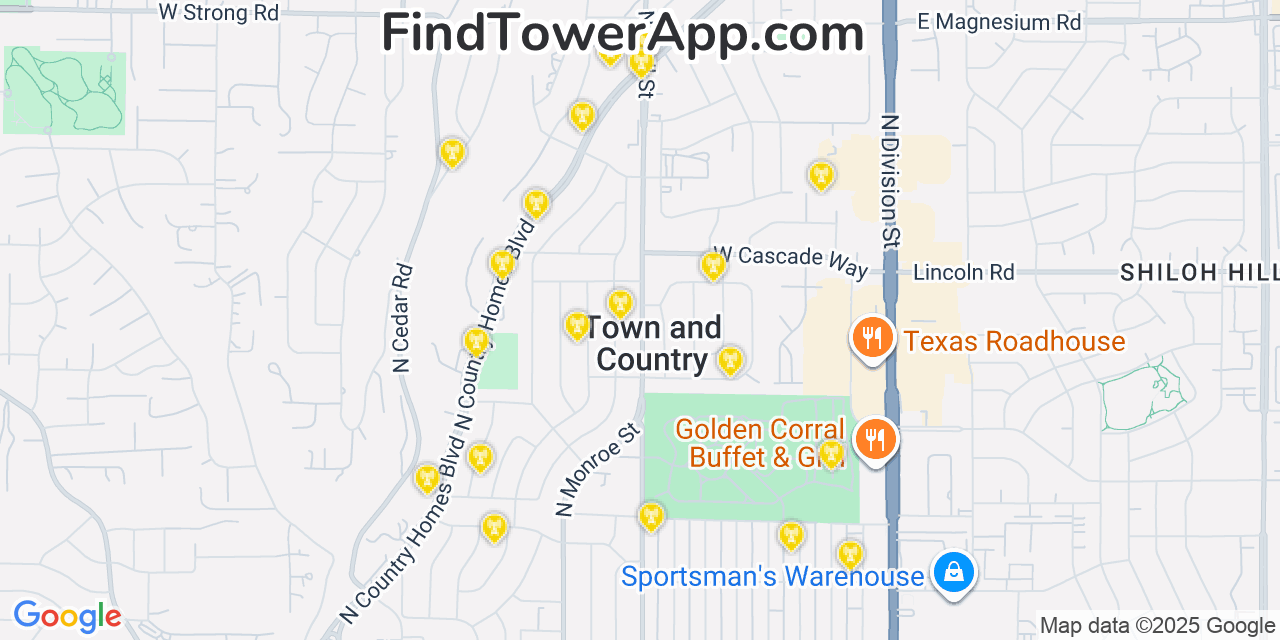 Map showing the 20 primary T-Mobile cell tower locations detected in Town And Country, Washington with coverage radius and signal strength indicators