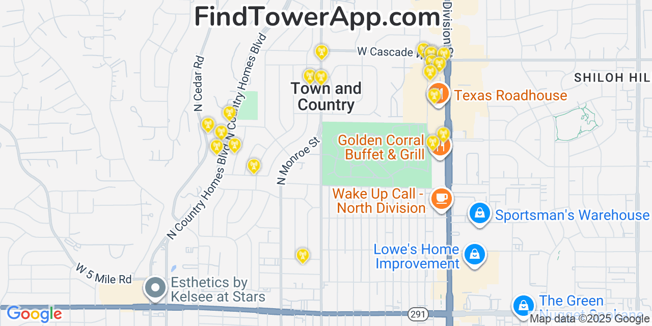 Map showing the 20 primary Verizon cell tower locations detected in Town And Country, Washington with coverage radius and signal strength indicators