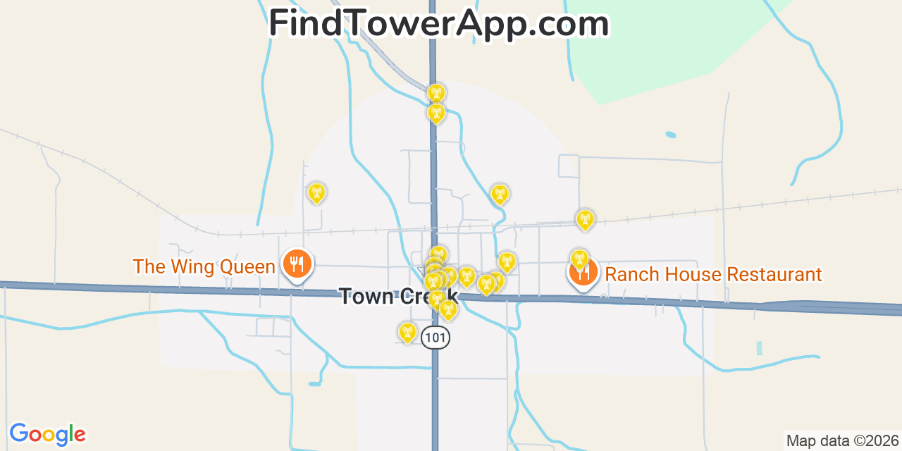 Map showing the 20 primary cell tower locations detected in Town Creek, Alabama from AT&T, Verizon, and T-Mobile networks