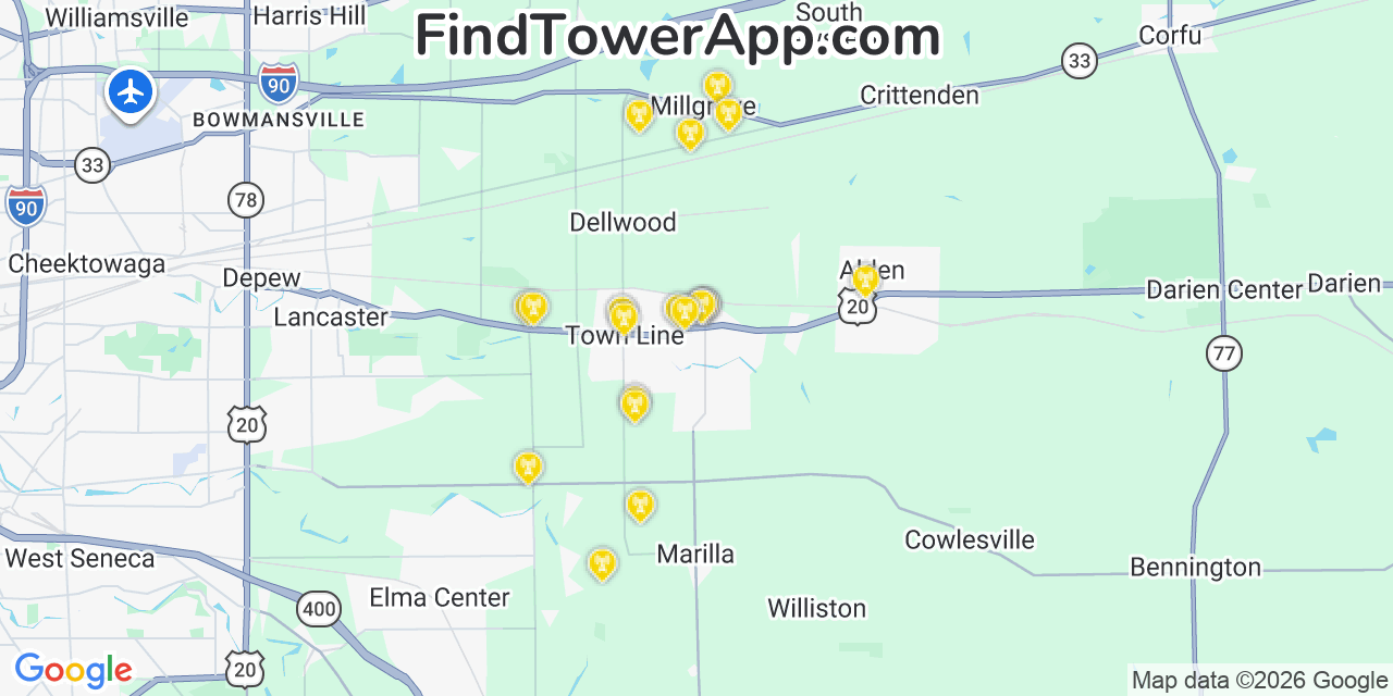 Map showing the 20 primary cell tower locations detected in Town Line, New York from AT&T, Verizon, and T-Mobile networks