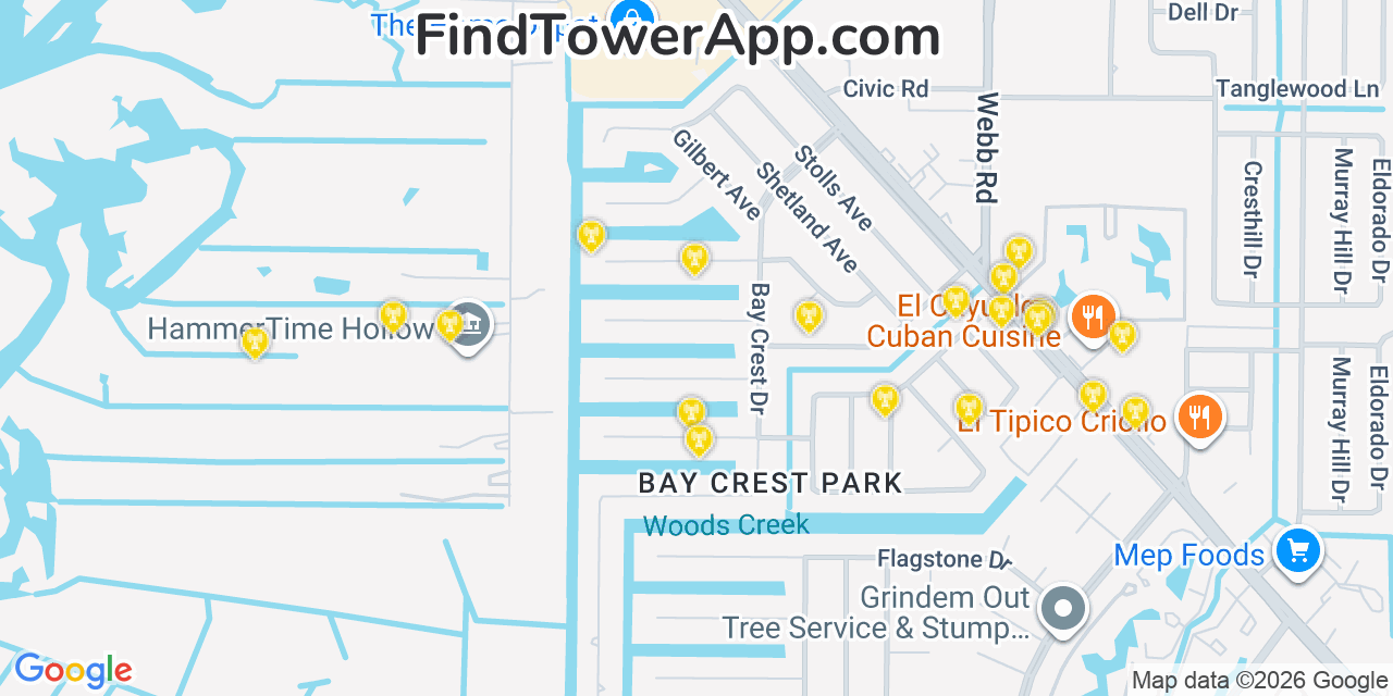Map showing the 20 primary cell tower locations detected in Town N Country, Florida from AT&T, Verizon, and T-Mobile networks