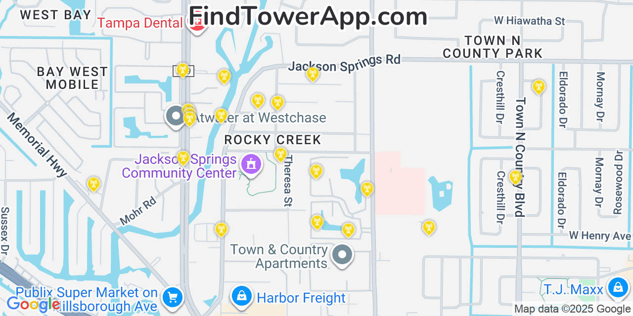 Map showing the 20 primary T-Mobile cell tower locations detected in Town N Country, Florida with coverage radius and signal strength indicators