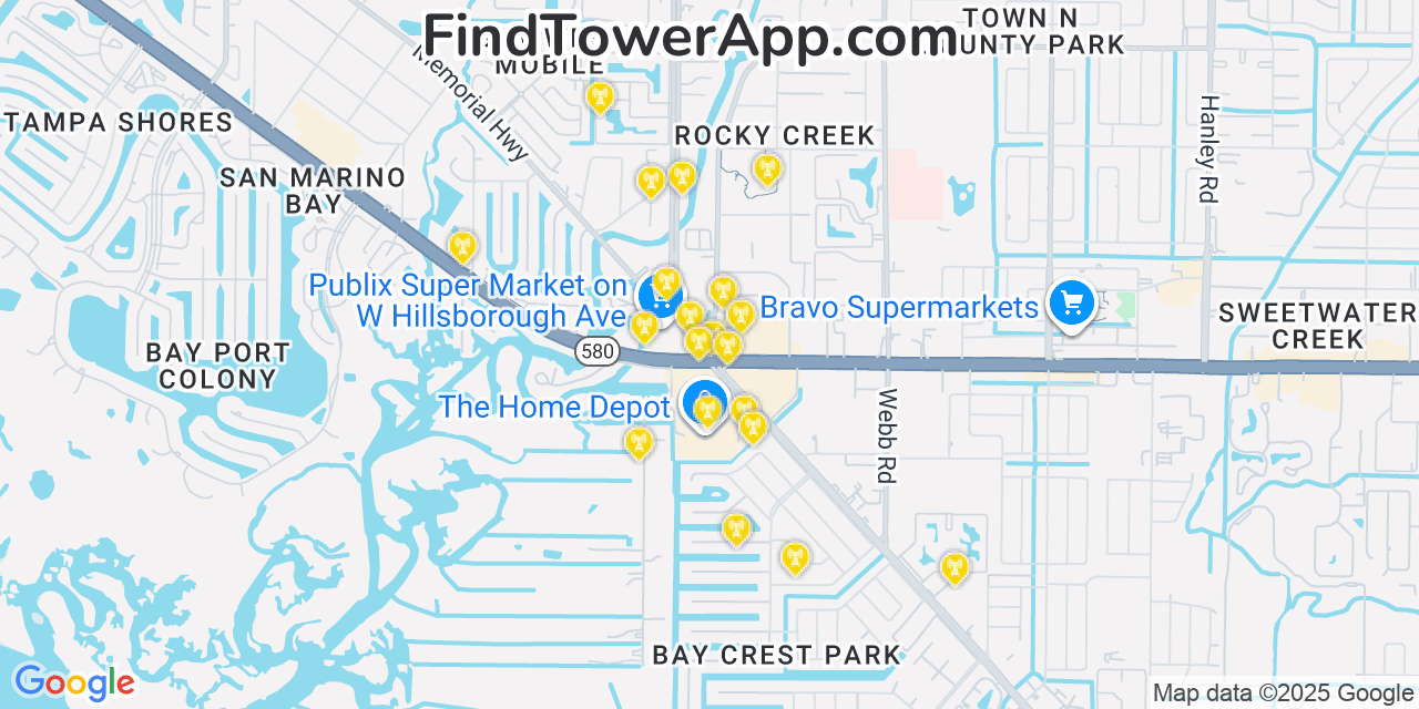 Map showing the 20 primary AT&T cell tower locations detected in Town  N  Country, Florida with coverage radius and signal strength indicators