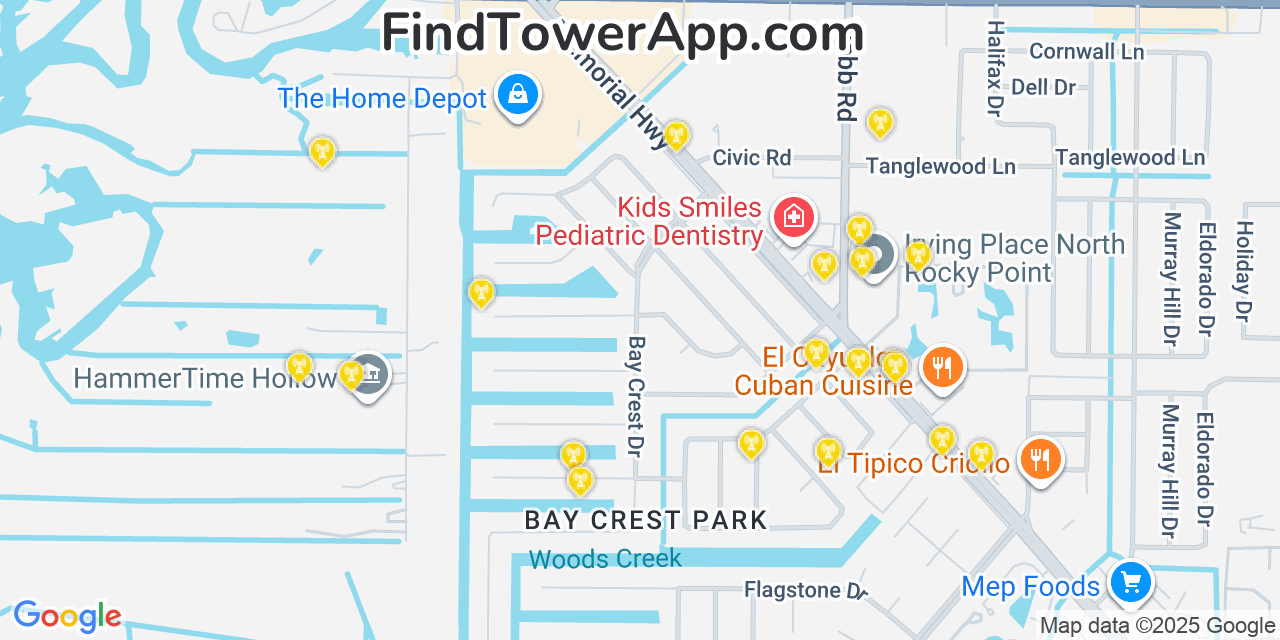 Map showing the 20 primary T-Mobile cell tower locations detected in Town  N  Country, Florida with coverage radius and signal strength indicators