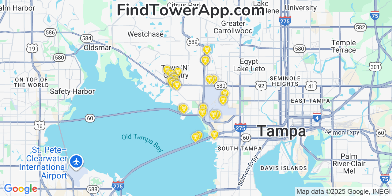 Map showing the 33 primary Verizon cell tower locations detected in Town  N  Country, Florida with coverage radius and signal strength indicators