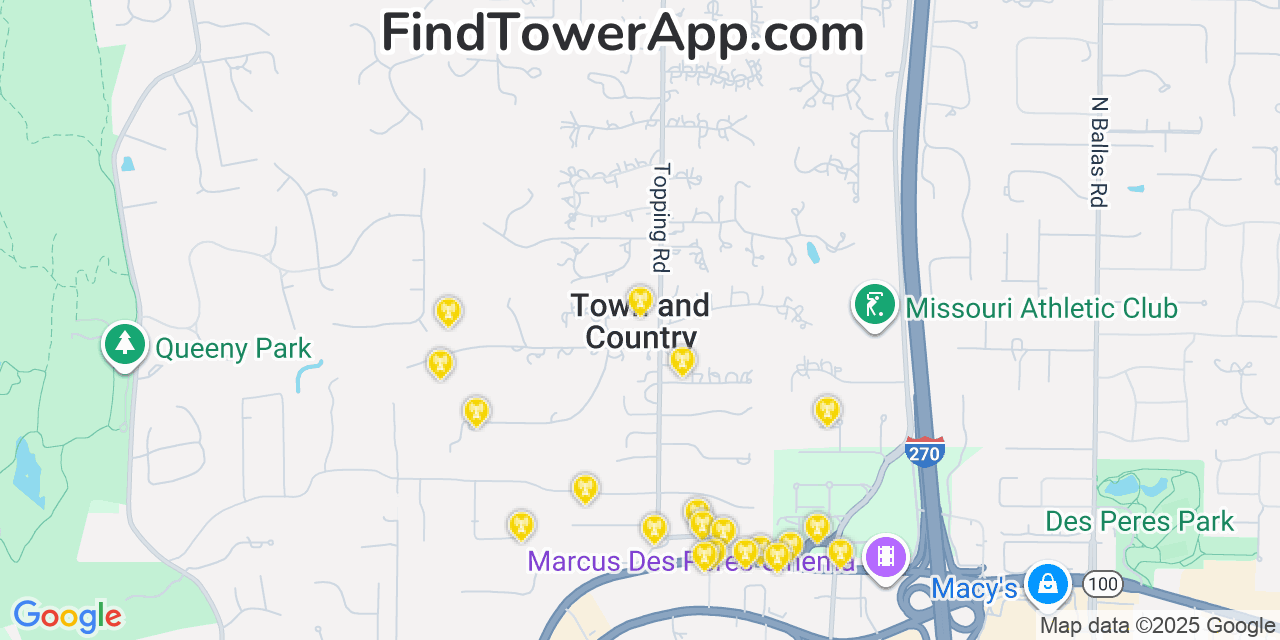 Map showing the 20 primary cell tower locations detected in Town and Country, Missouri from AT&T, Verizon, and T-Mobile networks