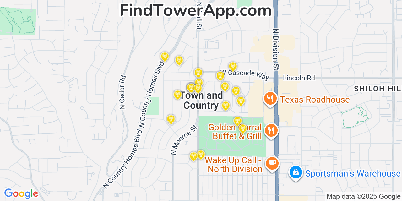 Map showing the 20 primary cell tower locations detected in Town and Country, Washington from AT&T, Verizon, and T-Mobile networks