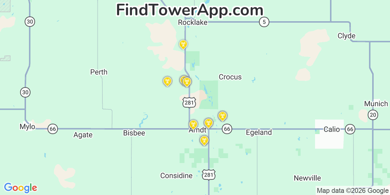 Map showing the 20 primary cell tower locations detected in Towner, North Dakota from AT&T, Verizon, and T-Mobile networks